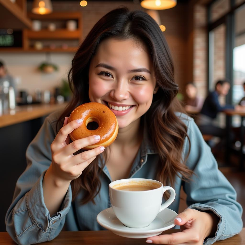 Woman Enjoying Sugar-Free Donut and Coffee