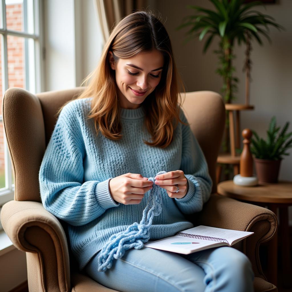 Woman knitting a jumper from a free pattern