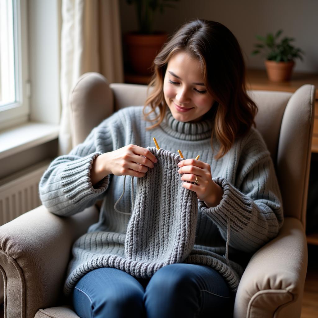 Woman Knitting a Bottom-Up Sweater