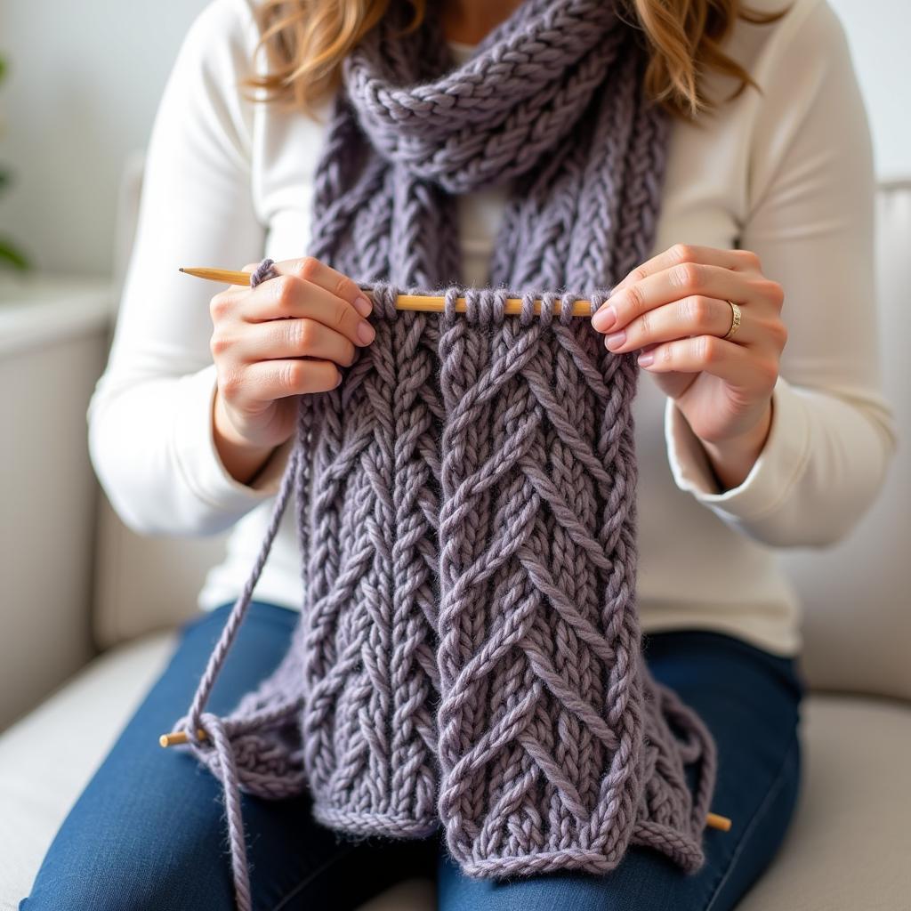 Woman Knitting a Double Knit Scarf with Two Colors