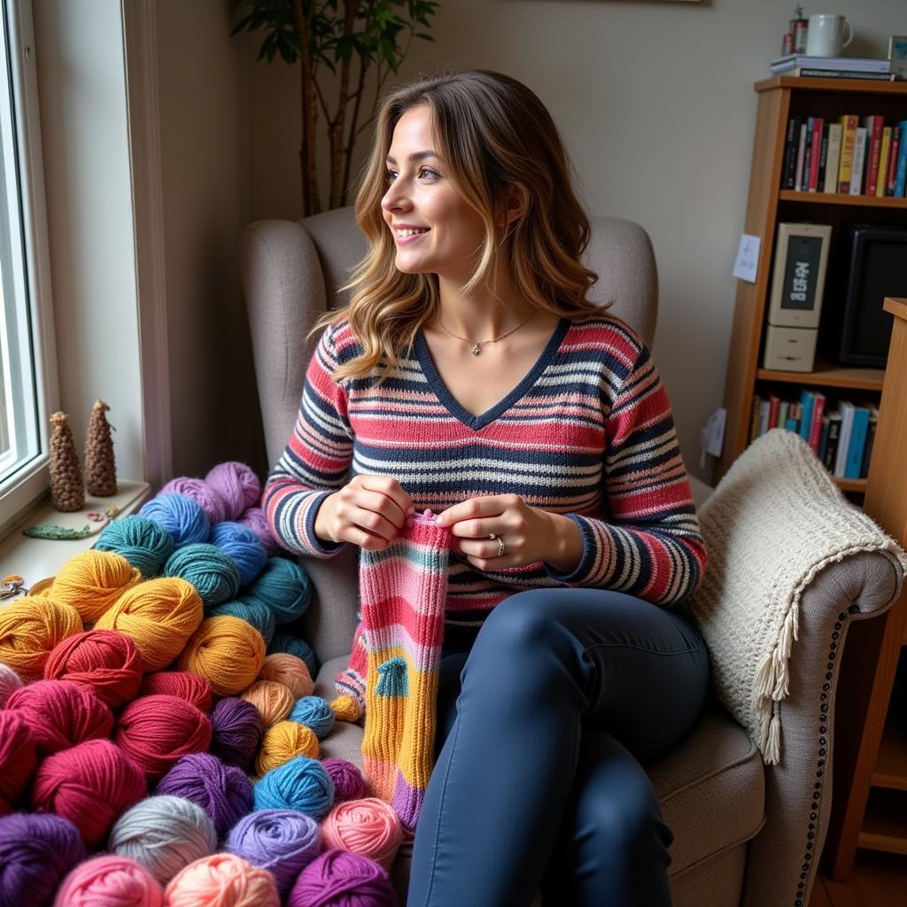 Woman Knitting with Colorful Yarn