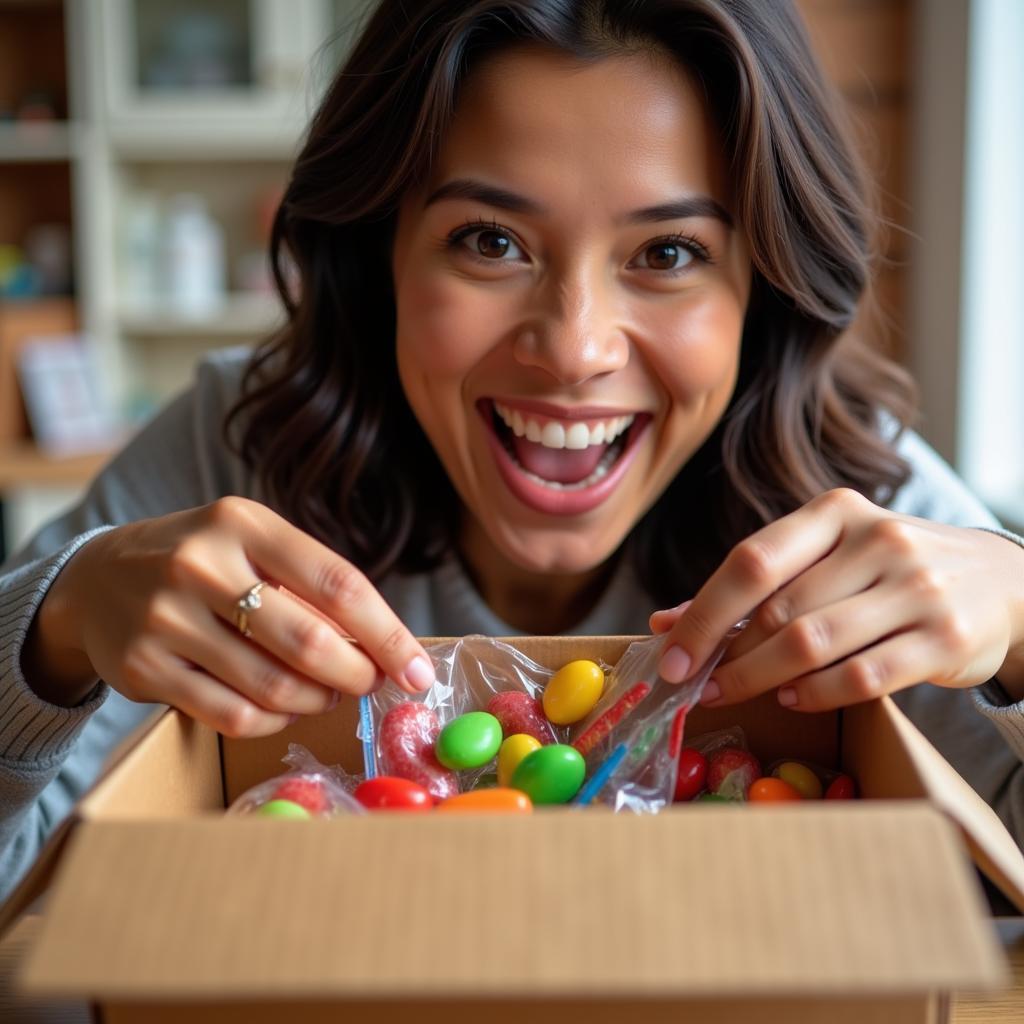 Woman Opening Free Candy Sample Box