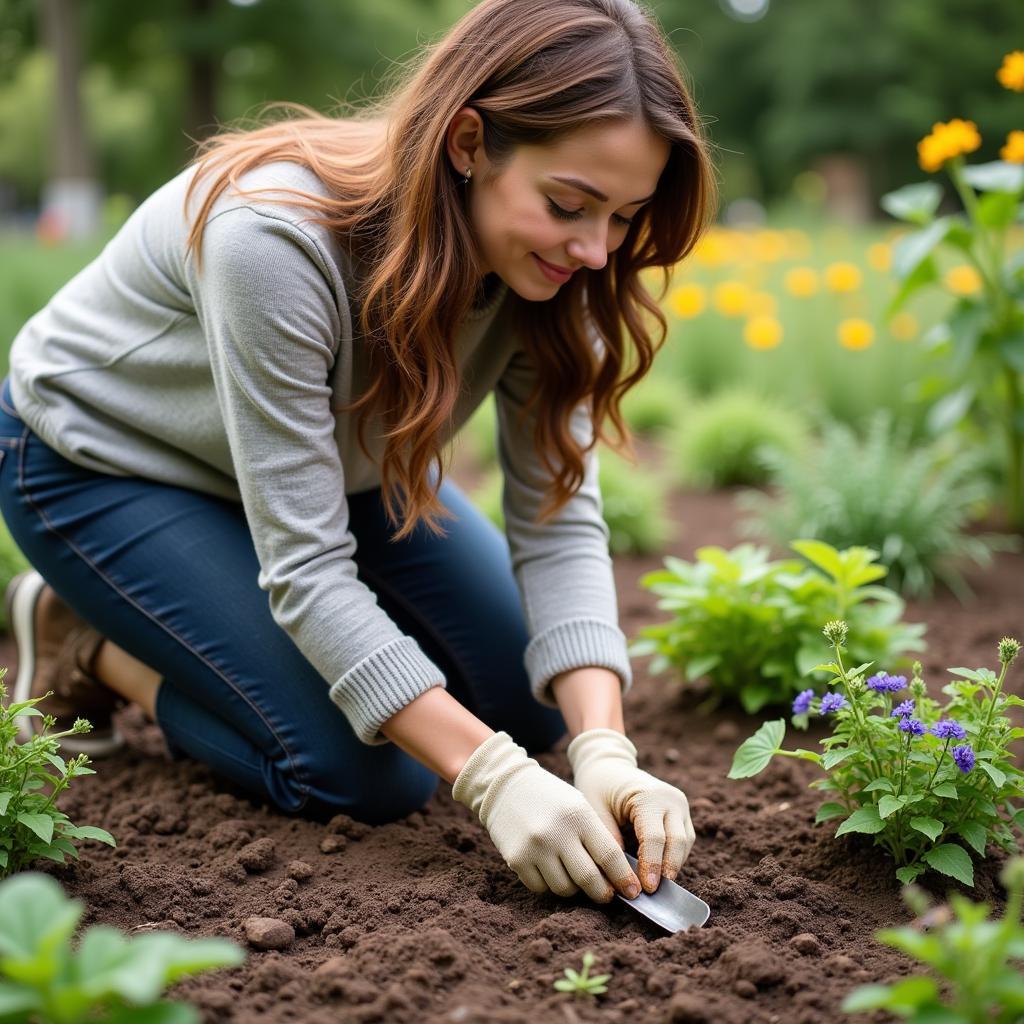 Woman Planting Native Seeds in Her Garden