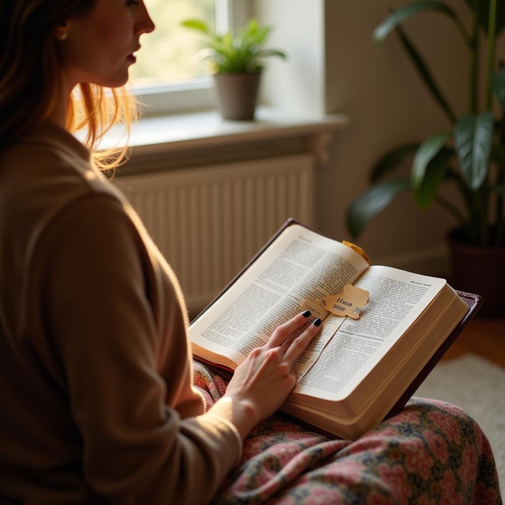 Woman Reading Bible with Christian Bookmark