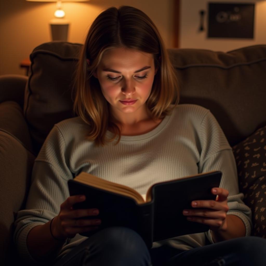 Woman Reading Free Mystery Kindle Book on a Cozy Couch