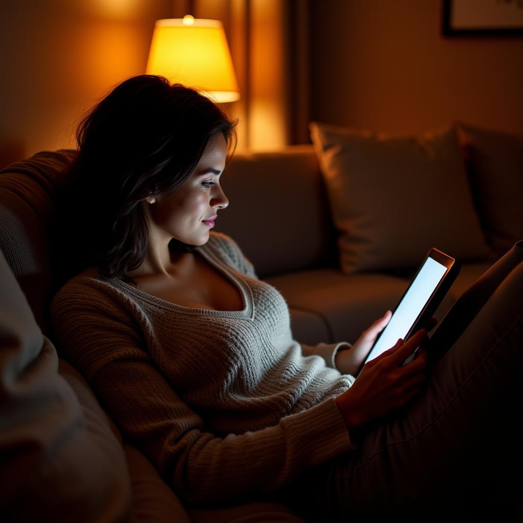 Woman Reading Romance Novel on Tablet