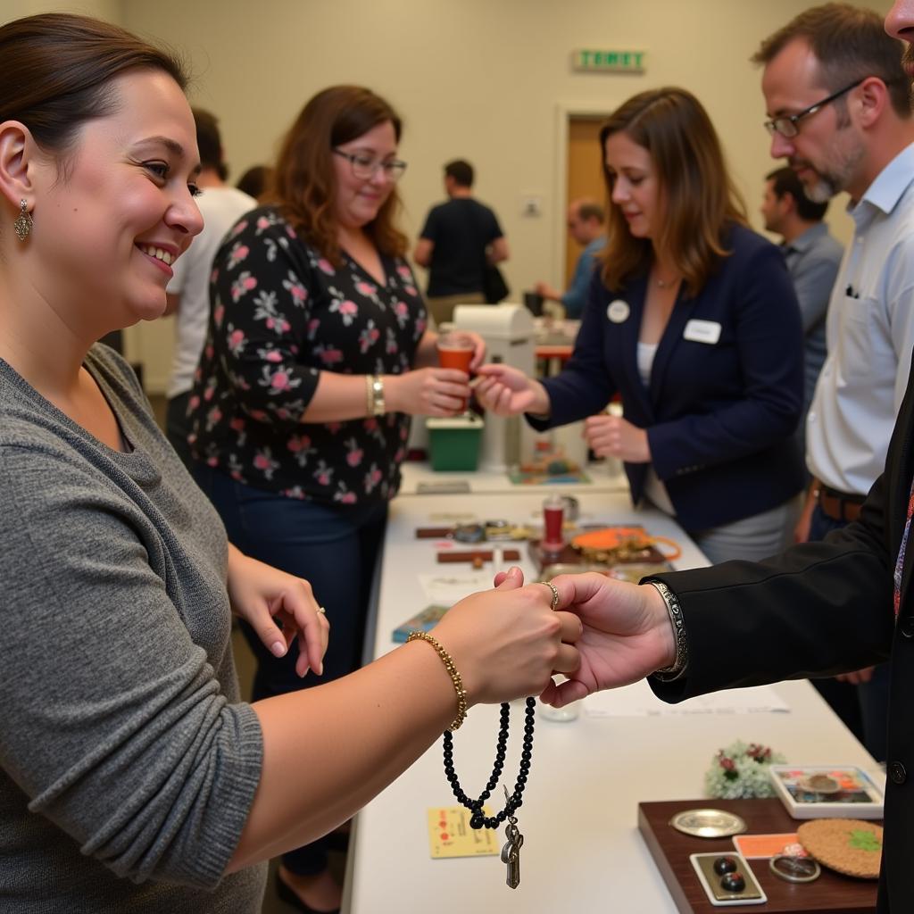 Woman Receiving a Free Christian Bracelet