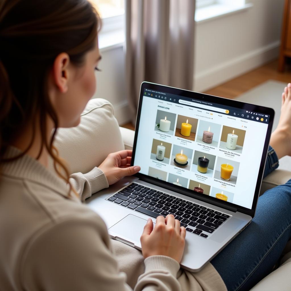 A woman shopping for phthalate-free candles online, browsing a website on her laptop.