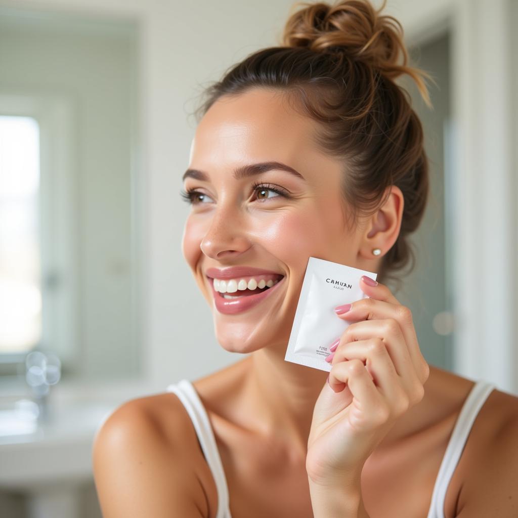 Woman trying free face cream sample