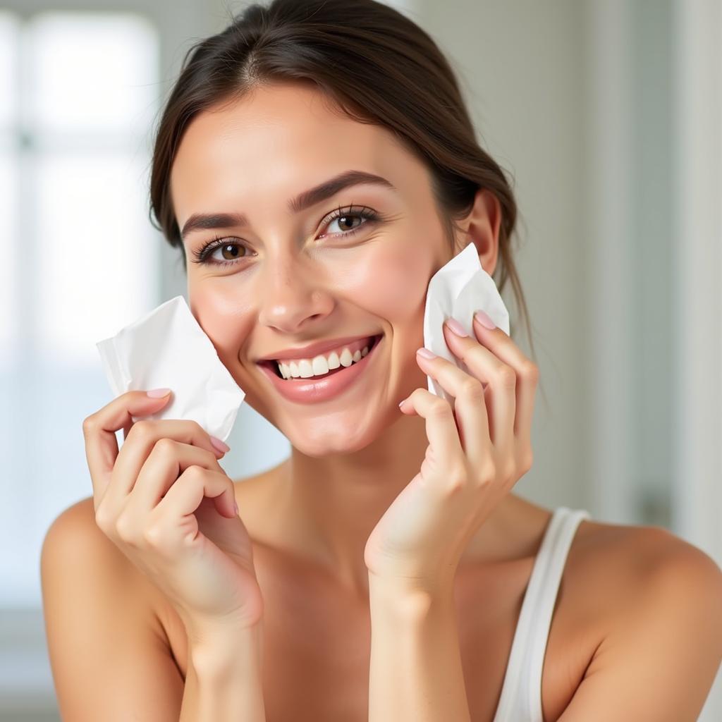 Woman Using Alcohol-Free Cleansing Wipe to Remove Makeup