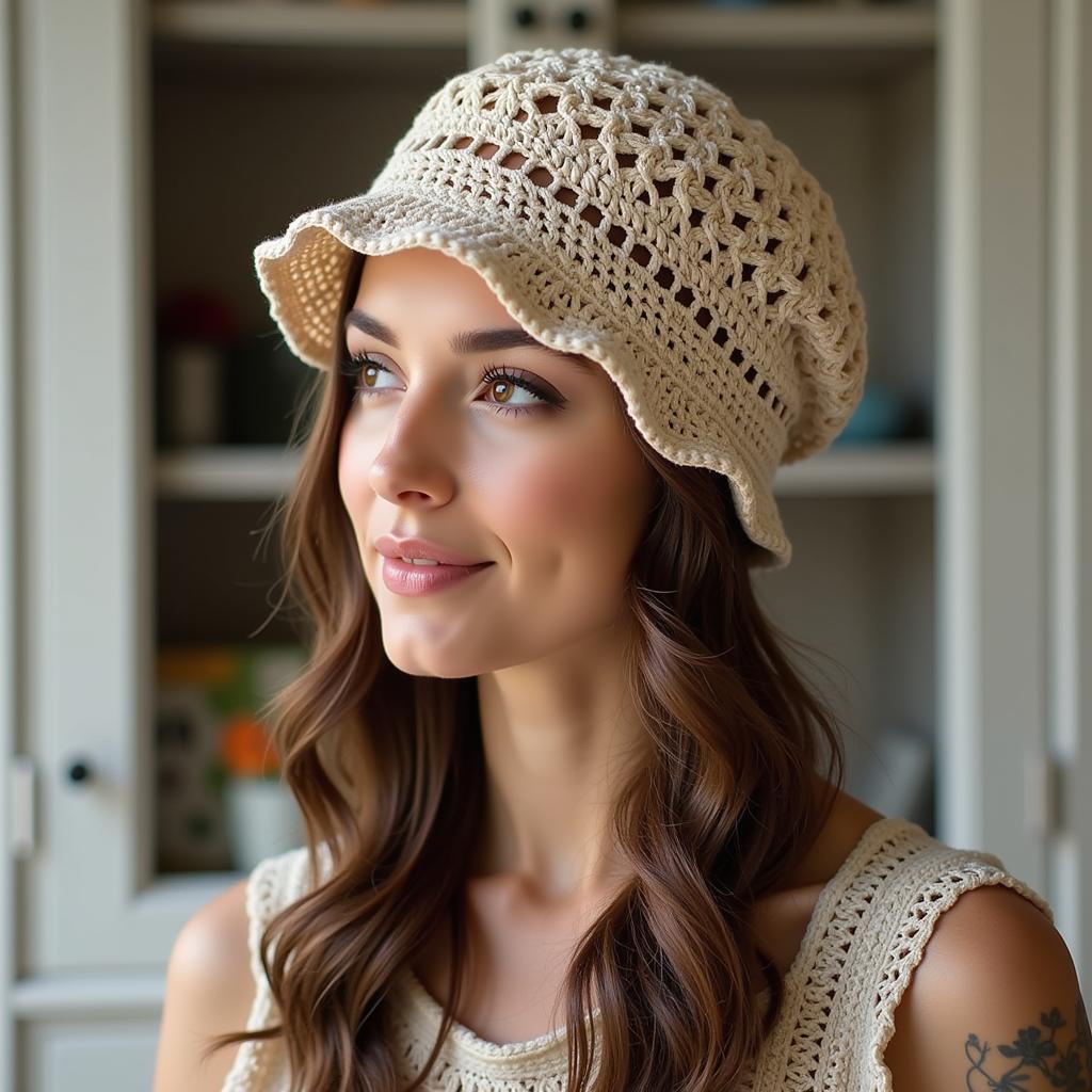 A woman stylishly wearing a vintage crochet hat.