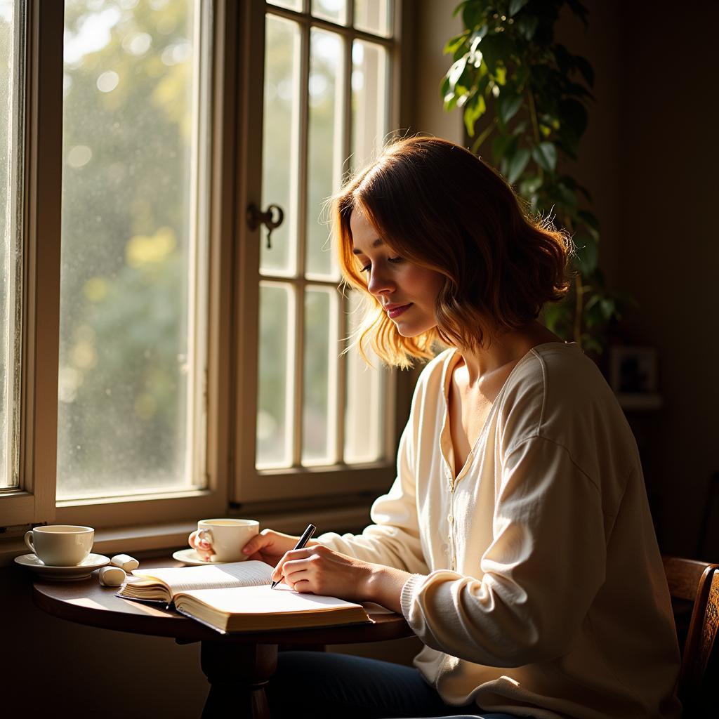 Woman Writing in Devotional Journal by Window