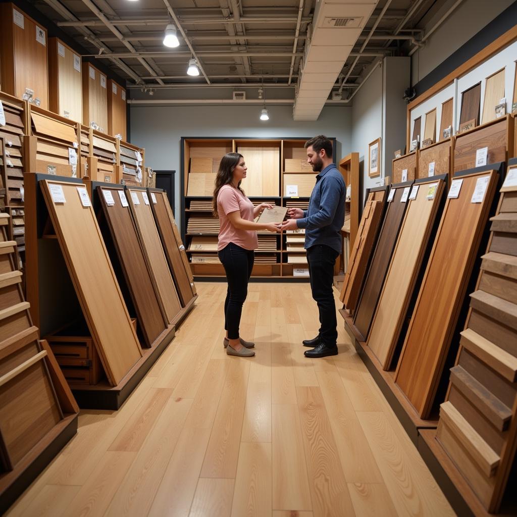 Exploring Wood Floor Samples in a Showroom