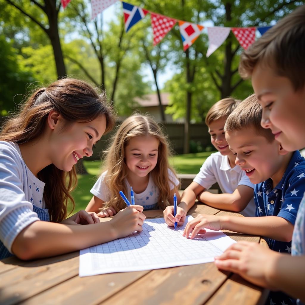 Family enjoying 4th of July crossword puzzle