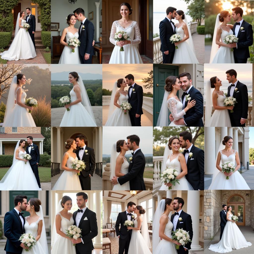 AI Wedding Photo Generator Different Styles: Several AI-generated wedding photos showcasing a range of artistic styles, from romantic and classic to modern and abstract.