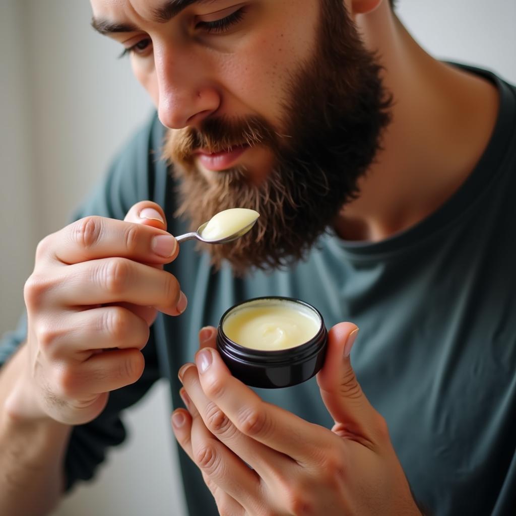 Man applying fragrance free beard balm to his beard