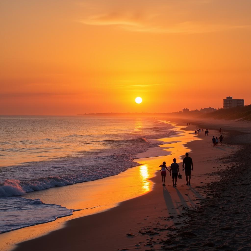 Sunset over Atlantic Beach, NC: A breathtaking view of the sun sinking below the horizon, casting warm hues across the sandy beach and calm ocean waters.