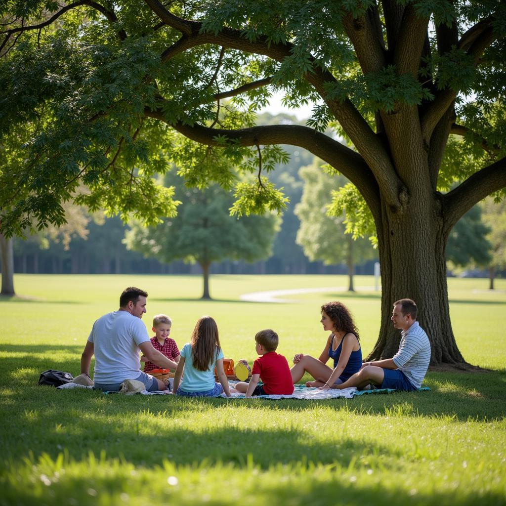 Family enjoying a picnic in Atlantic Beach Town Park: A family spreads out a blanket and enjoys a picnic lunch under the shade of a tree in the park, surrounded by lush greenery.