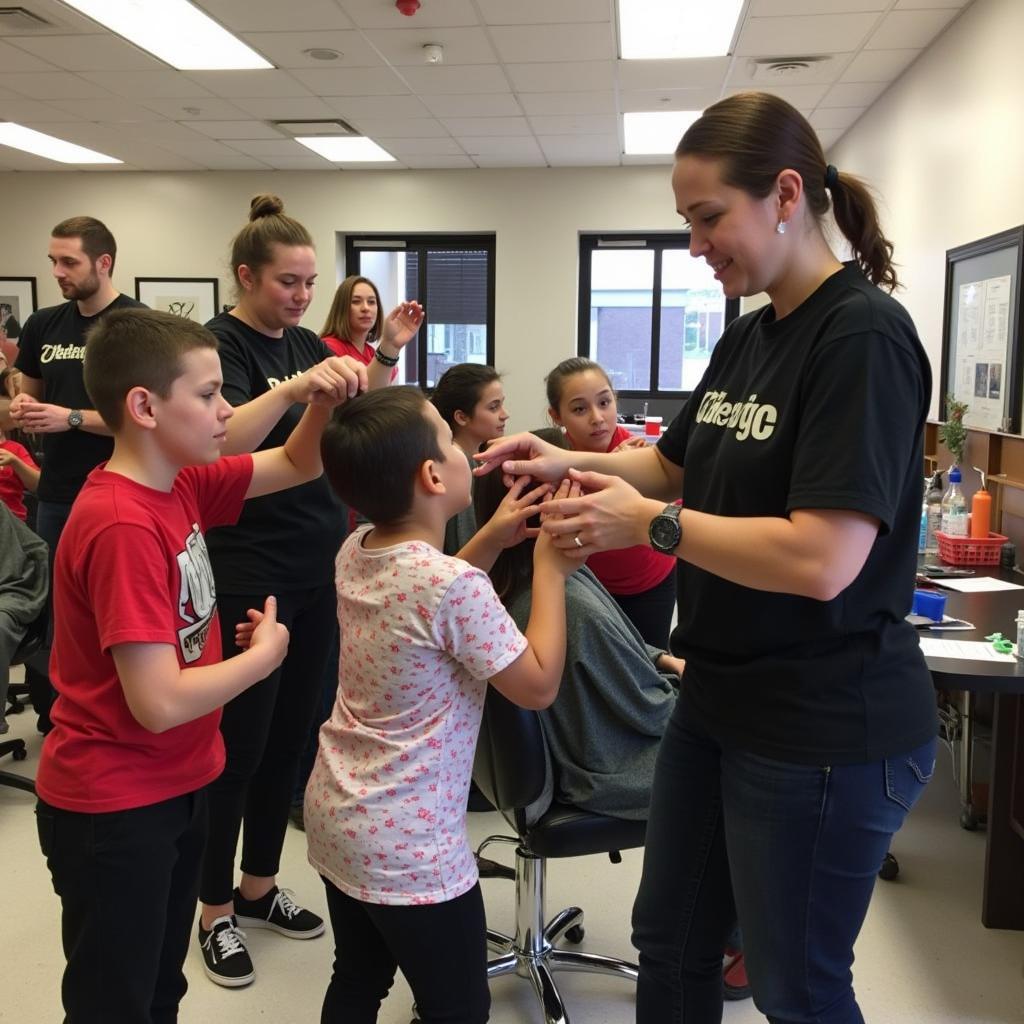 Volunteers cutting hair at a free back-to-school haircut event.