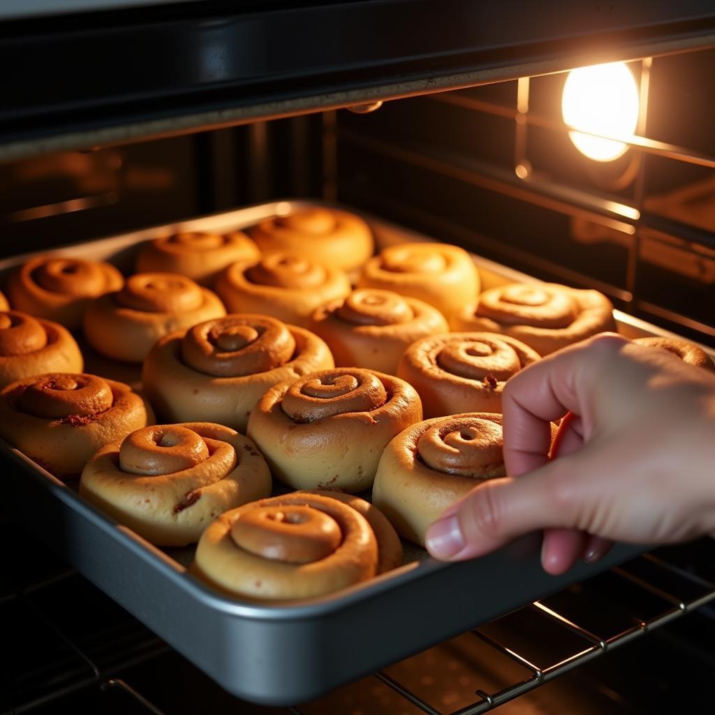 A person baking frozen gluten free cinnamon rolls in an oven.