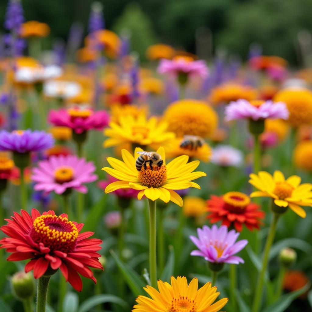 A thriving bee-friendly garden in full bloom