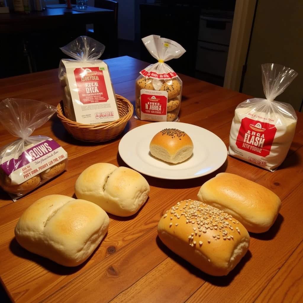 A variety of gluten-free dinner rolls on a wooden table, showcasing different brands and textures.