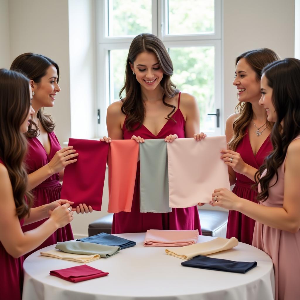 Bridesmaids comparing different color swatches for their dresses.