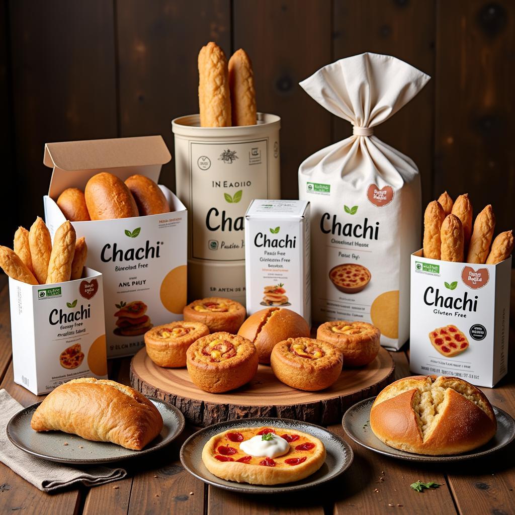 Chachi's Gluten-Free Product Range: A wide variety of gluten-free breads, pastries, pizzas, and pastas displayed on a table.