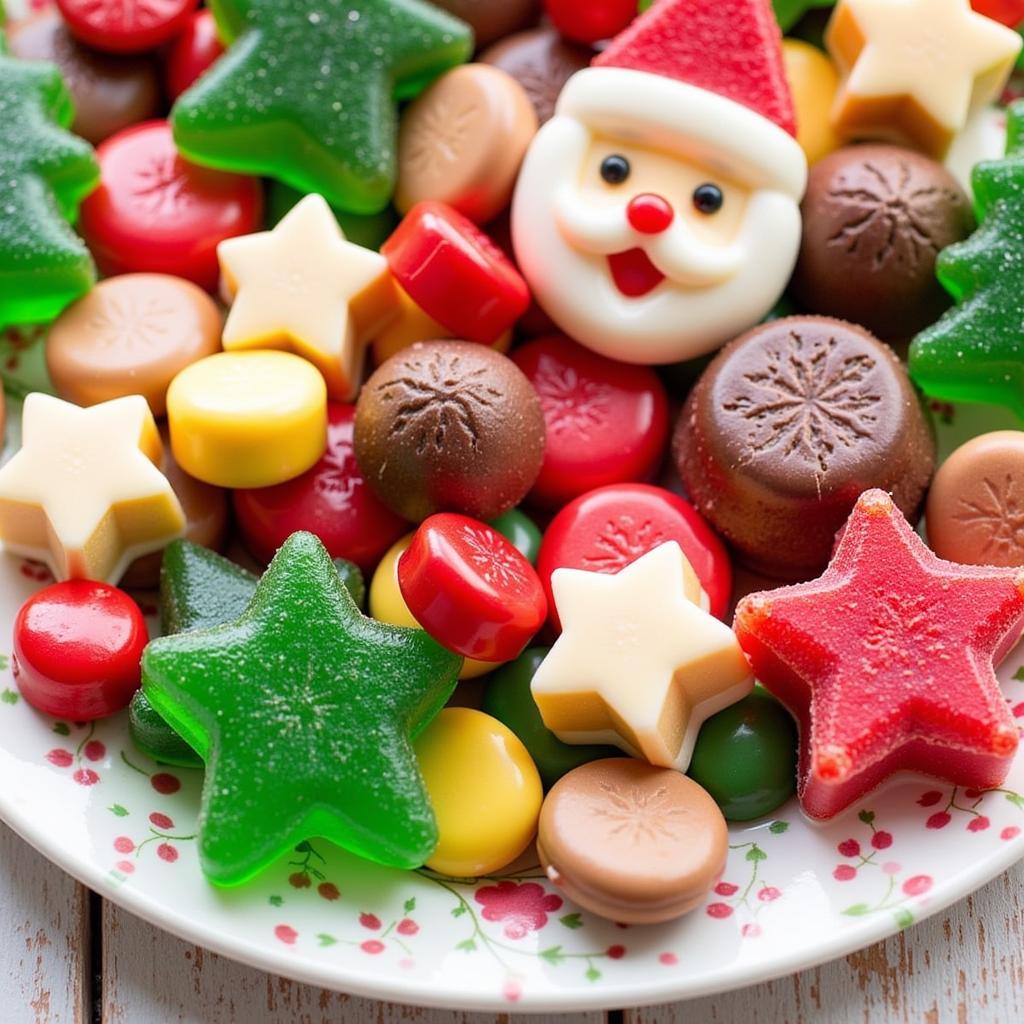 Assortment of colorful sugar-free Christmas candies in various shapes and sizes, displayed on a festive platter.