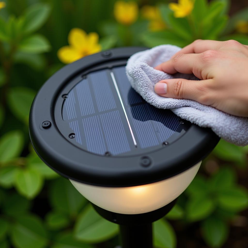 Cleaning the solar panel of a garden light