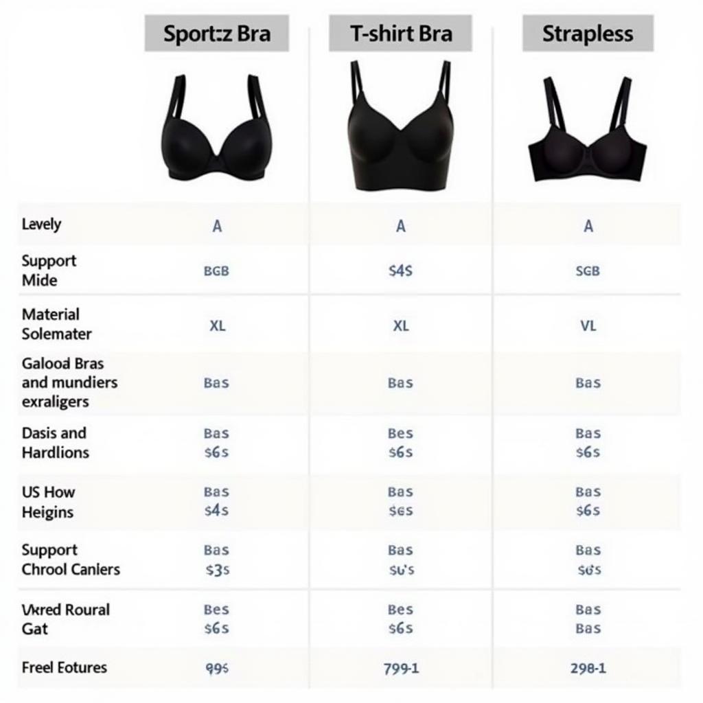 Comparison chart of different latex free bra styles and prices