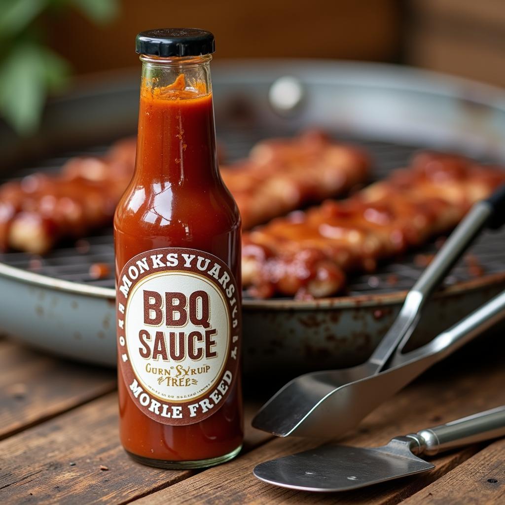 Corn syrup free BBQ sauce bottle on a wooden table next to grilling tools