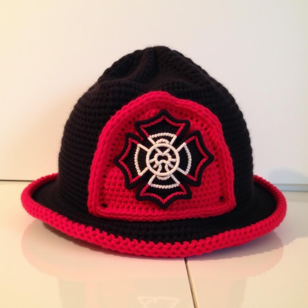 Example of a finished crochet firefighter hat, featuring a classic red and black design with a Maltese cross emblem.