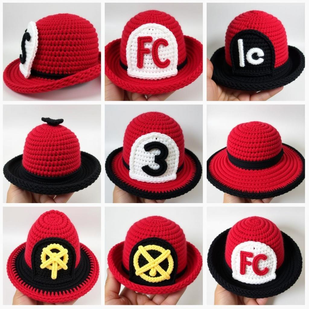 Different variations of crochet firefighter hats, showcasing different brim styles, color combinations, and embellishments.