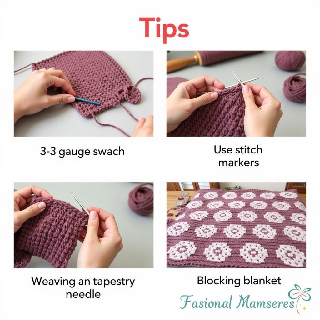 Tips and tricks for crocheting baby items, including gauge swatch, stitch markers, weaving in ends, and blocking.