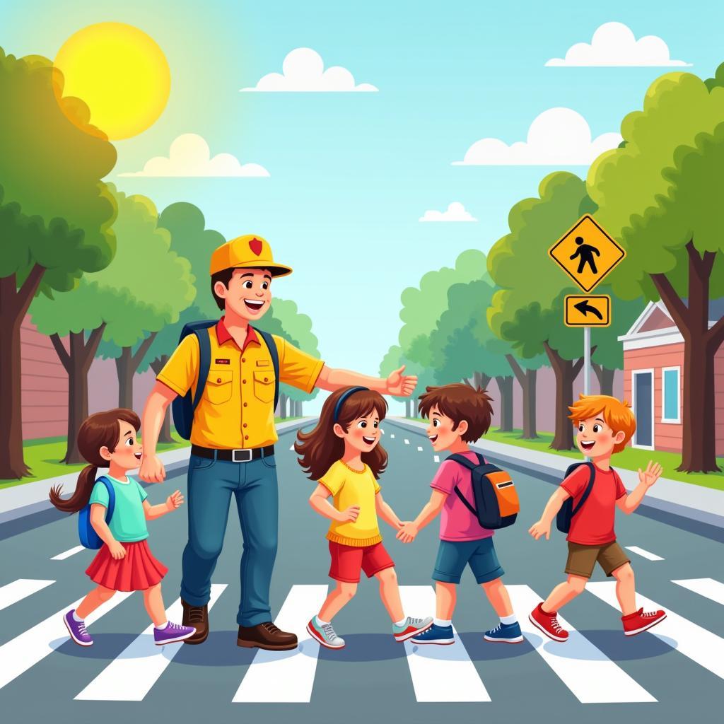 Children Safely Crossing the Street with a Crossing Guard