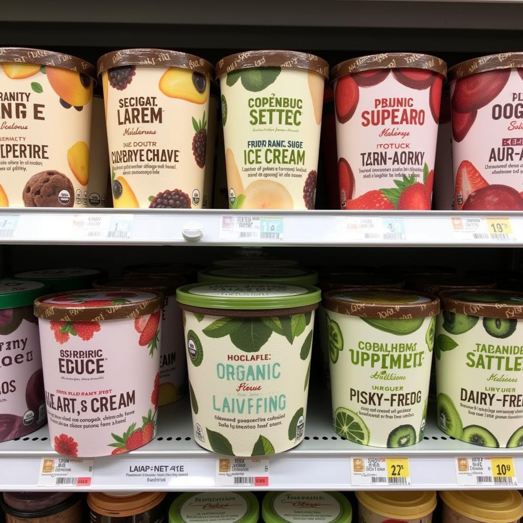 Various brands of dairy-free organic ice cream in a grocery store freezer