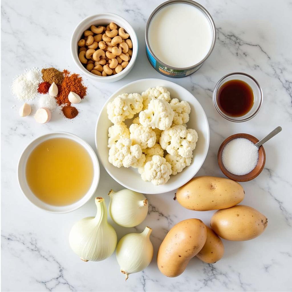 Various ingredients for dairy-free cream soup laid out on a table.