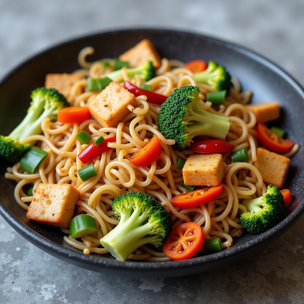 Colorful stir-fry with rice noodles, tofu substitute, and assorted vegetables.