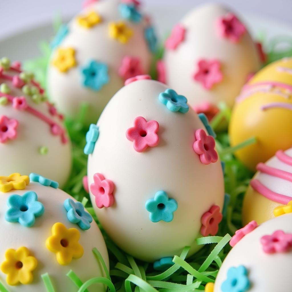 Beautifully decorated egg-free Easter eggs.