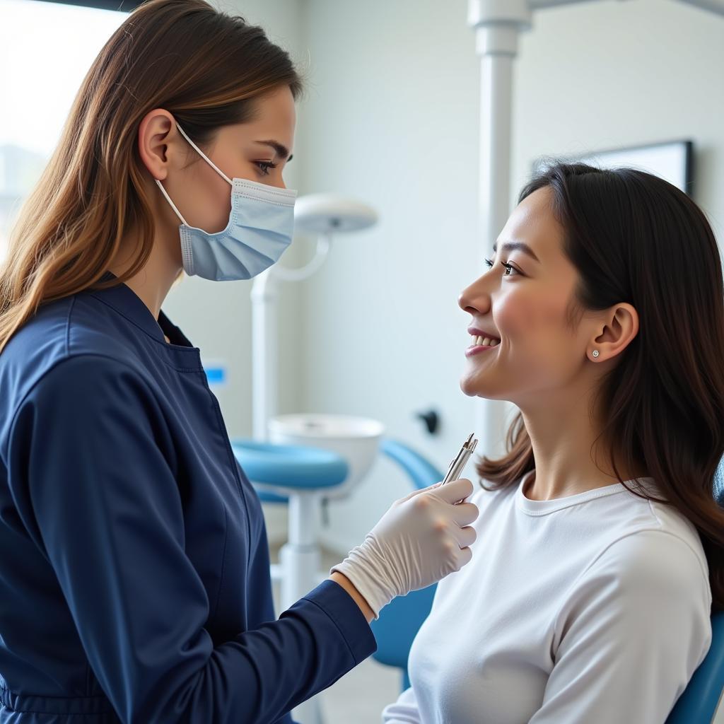 Dentist communicating with a patient to alleviate anxiety