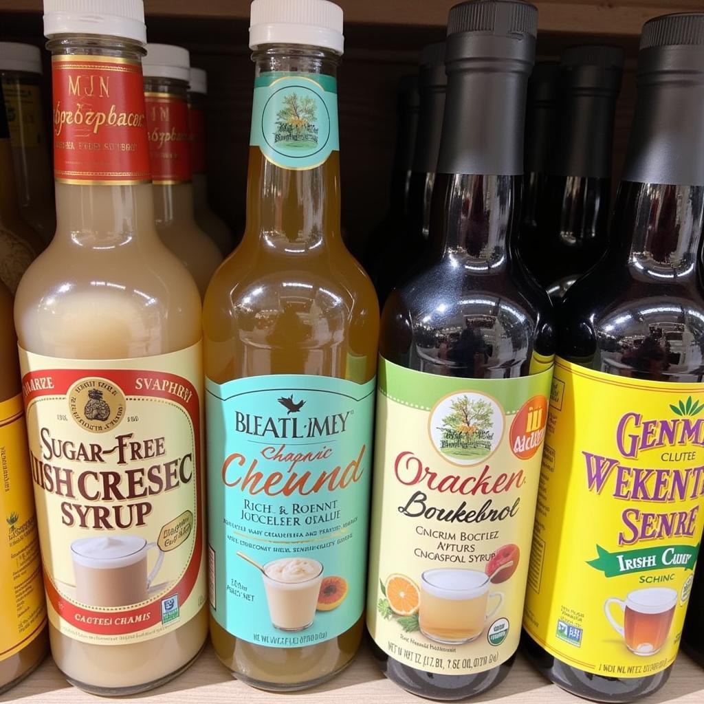 Various bottles of sugar-free Irish cream syrup are displayed, highlighting the variety available in the market.