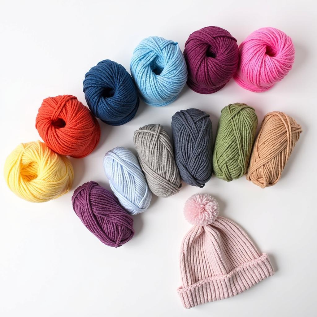 DK yarn used in a crocheted pom pom hat pattern, showcasing its texture and suitability for hats.