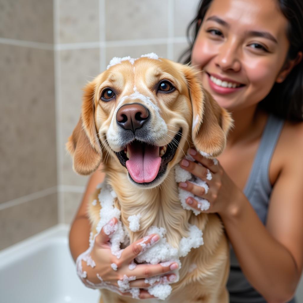 Dog Being Washed with Sample Shampoo