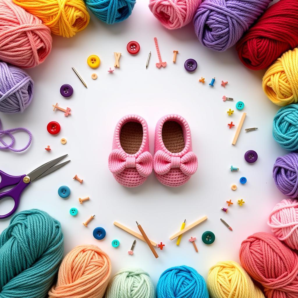 An array of crafting supplies for making doll shoes.