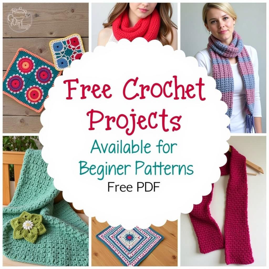 Beginner-friendly easy crochet patterns available in free PDF format. The image showcases a variety of simple crochet projects like dishcloths, scarves, and granny squares, perfect for those new to crochet.