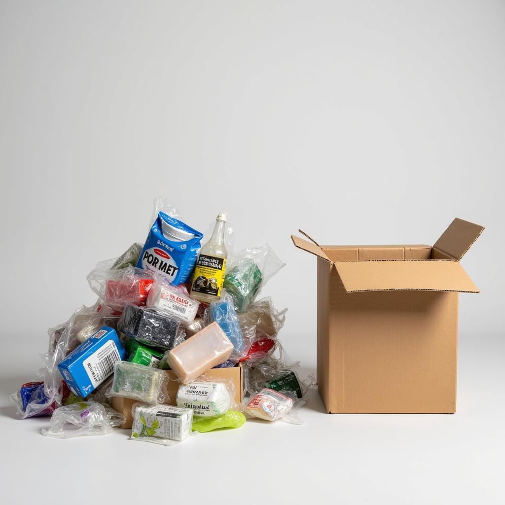 Eco-Friendly Packaging:  A comparison showing the reduced waste and recyclable materials used in frustration-free packaging versus the excessive plastic and non-recyclable components of standard packaging.