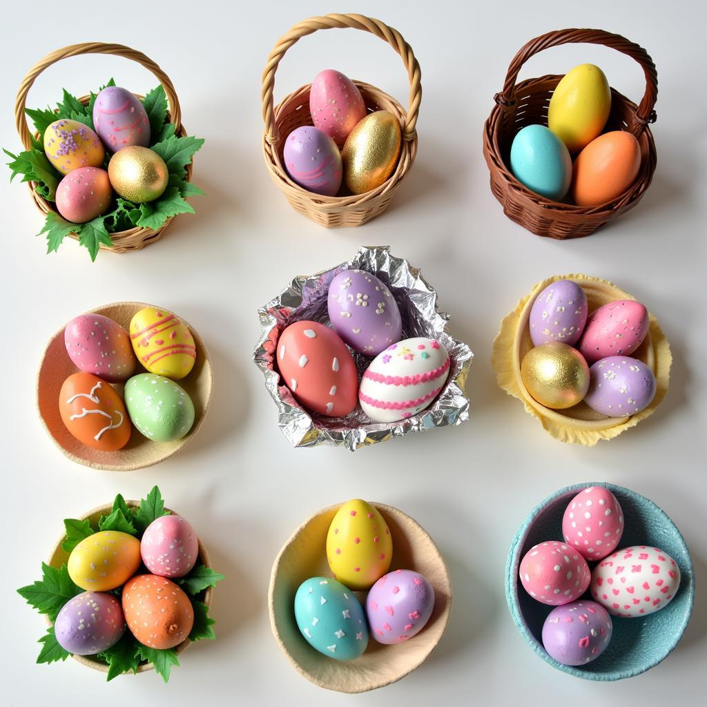 A variety of colorful and decorated egg-free Easter eggs.