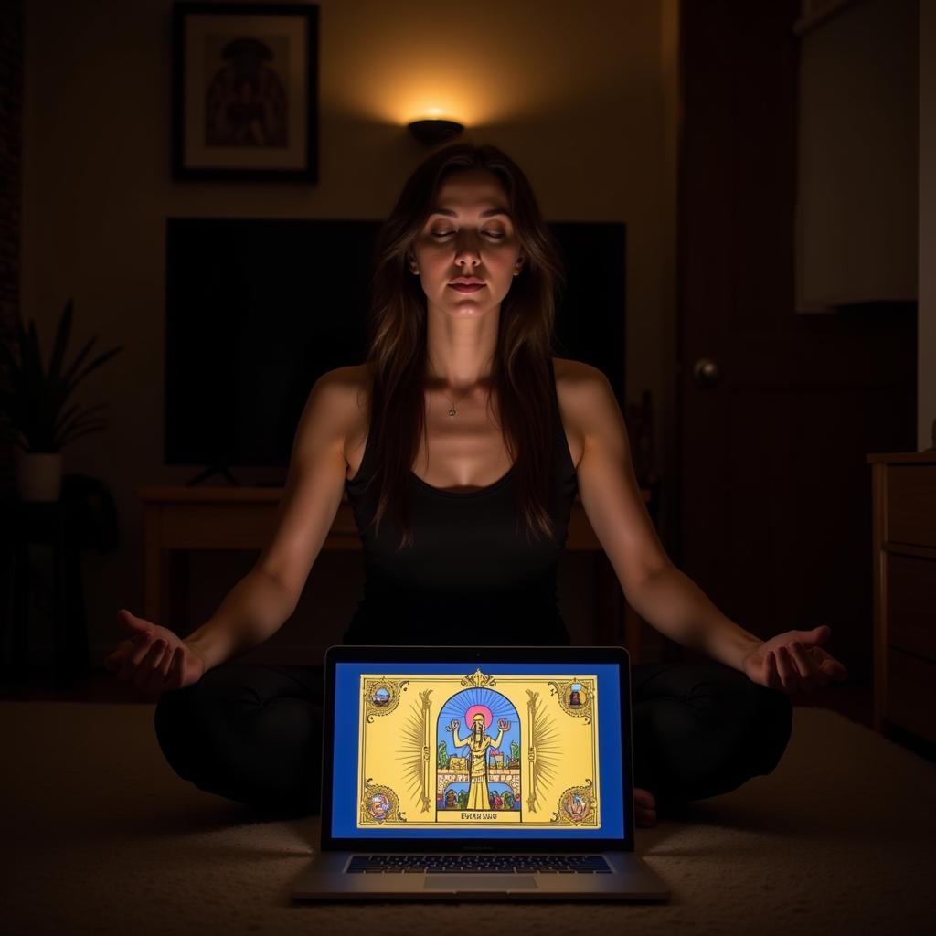 Egyptian Gods Oracle Card Reading: A person meditating with an Egyptian Gods oracle card displayed on their laptop.