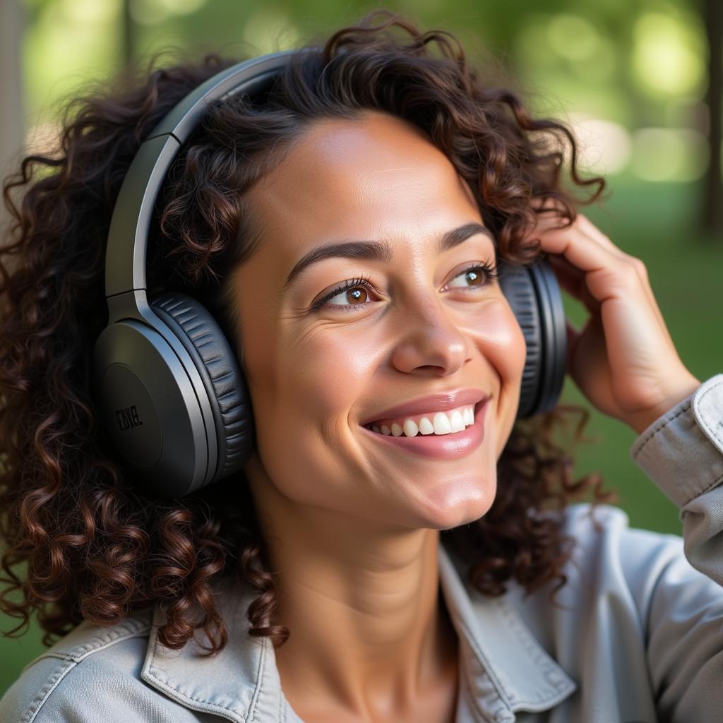 Woman enjoying music with EMF free headphones.